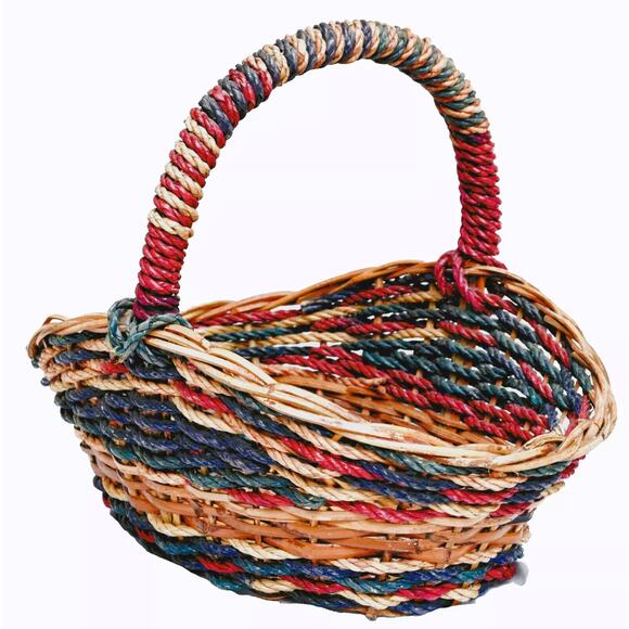 Wicker Frame Basket Red and Green Woven Rope Oval Bamboo Handle 12 x 17 Inches - Picture 1 of 3